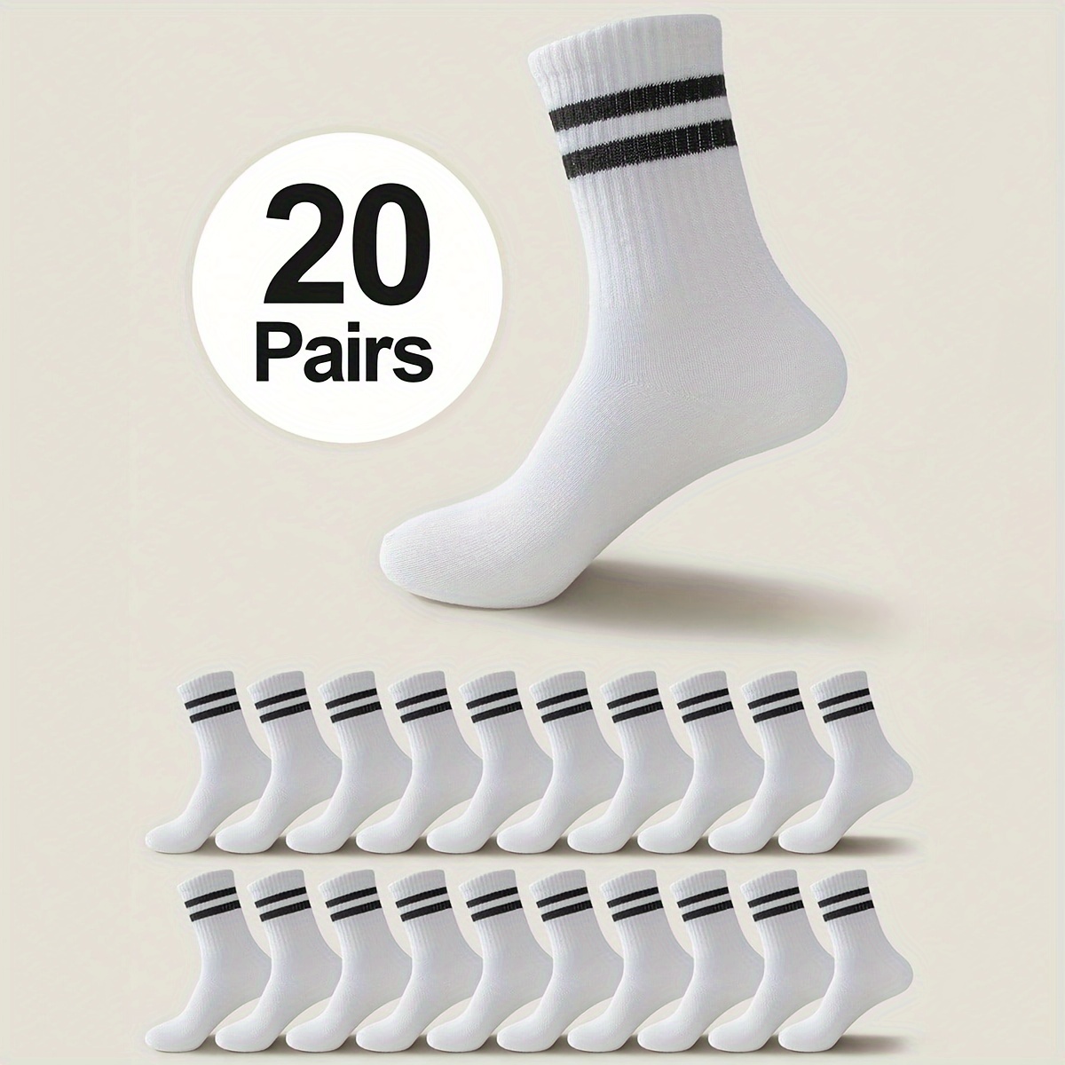 

20 Pairs Of Men's Solid Colour Striped Crew Socks, Comfy Breathable Casual Soft & Elastic Socks, Spring & Summer