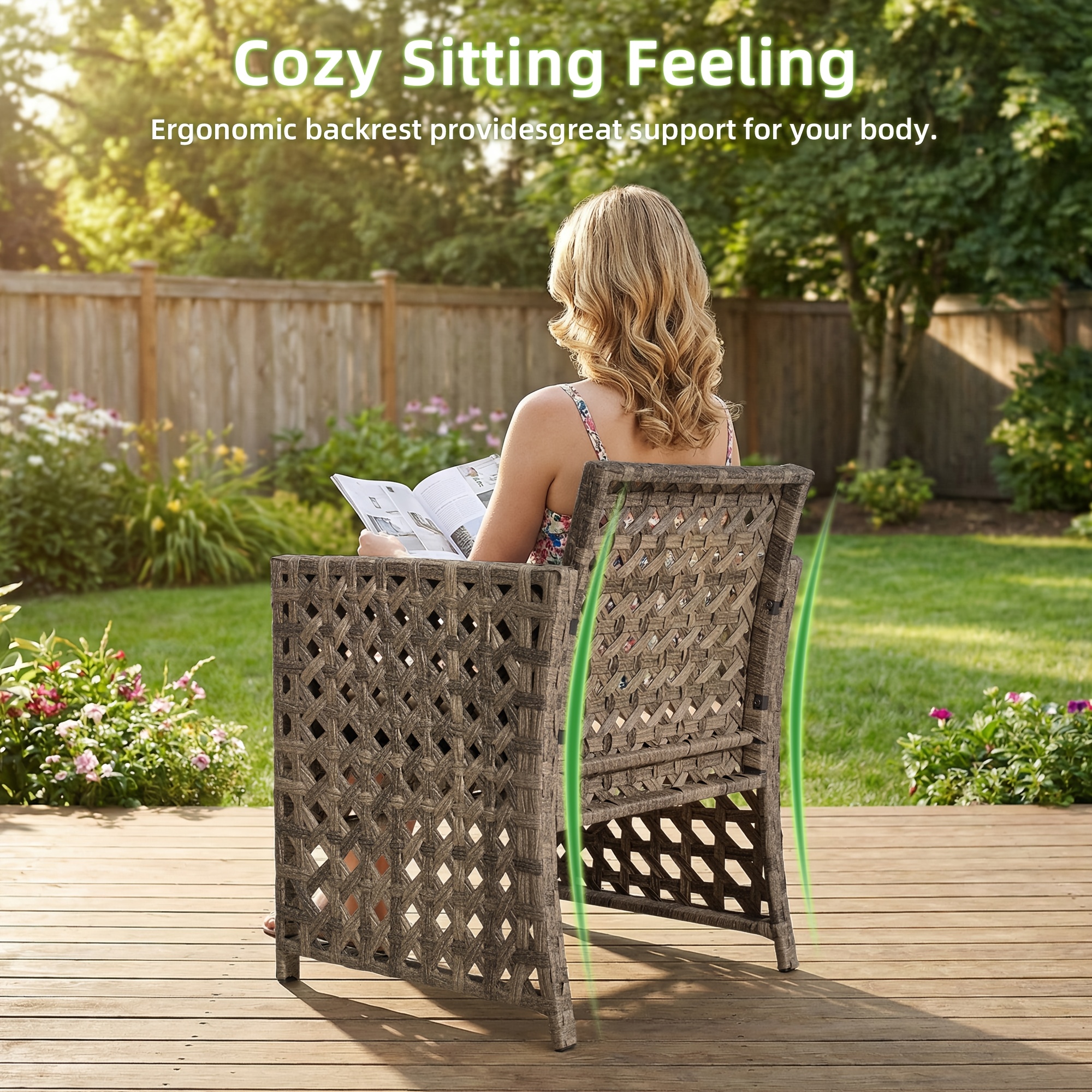 4pcs Outdoor Seating Arrangement, Durable Grey Rattan Garden Furniture Collection, Wicker Sofa with Chairs And Coffee Table, High-Back Rattan Loveseat with Comfortable Cushions for Patio, Available in 3 Fabric Color Choices