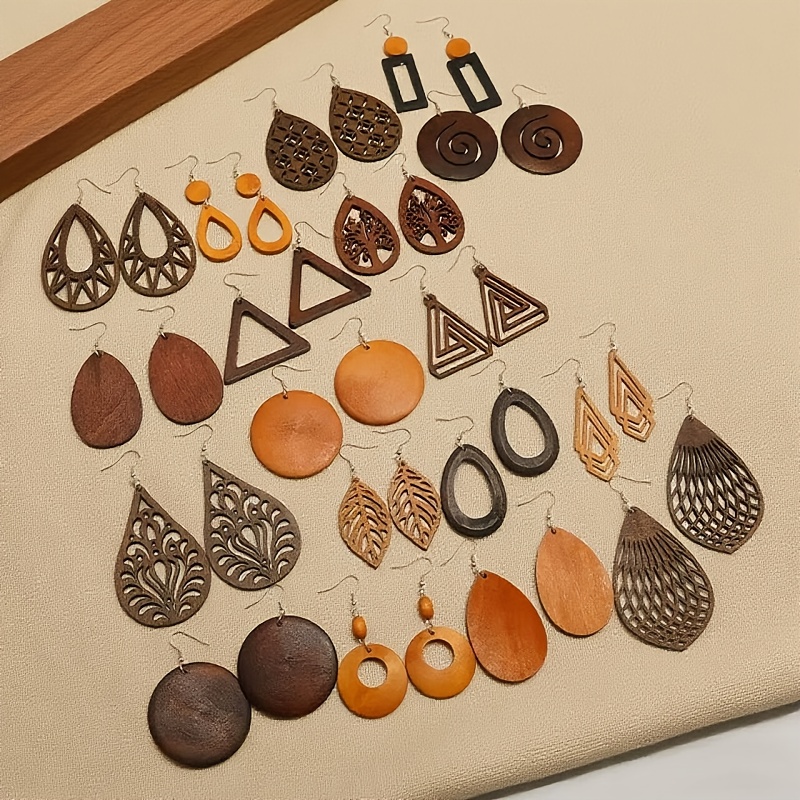 9 Pairs Elegant Bohemian Ethnic Style Wooden Earrings Set