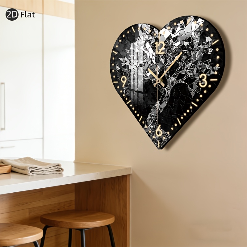 1pc modern silent non ticking wall clock with     glowing numbers irregular heart shaped suitable for bedroom entryway battery free operation hd glossy lamination   artificial wood
