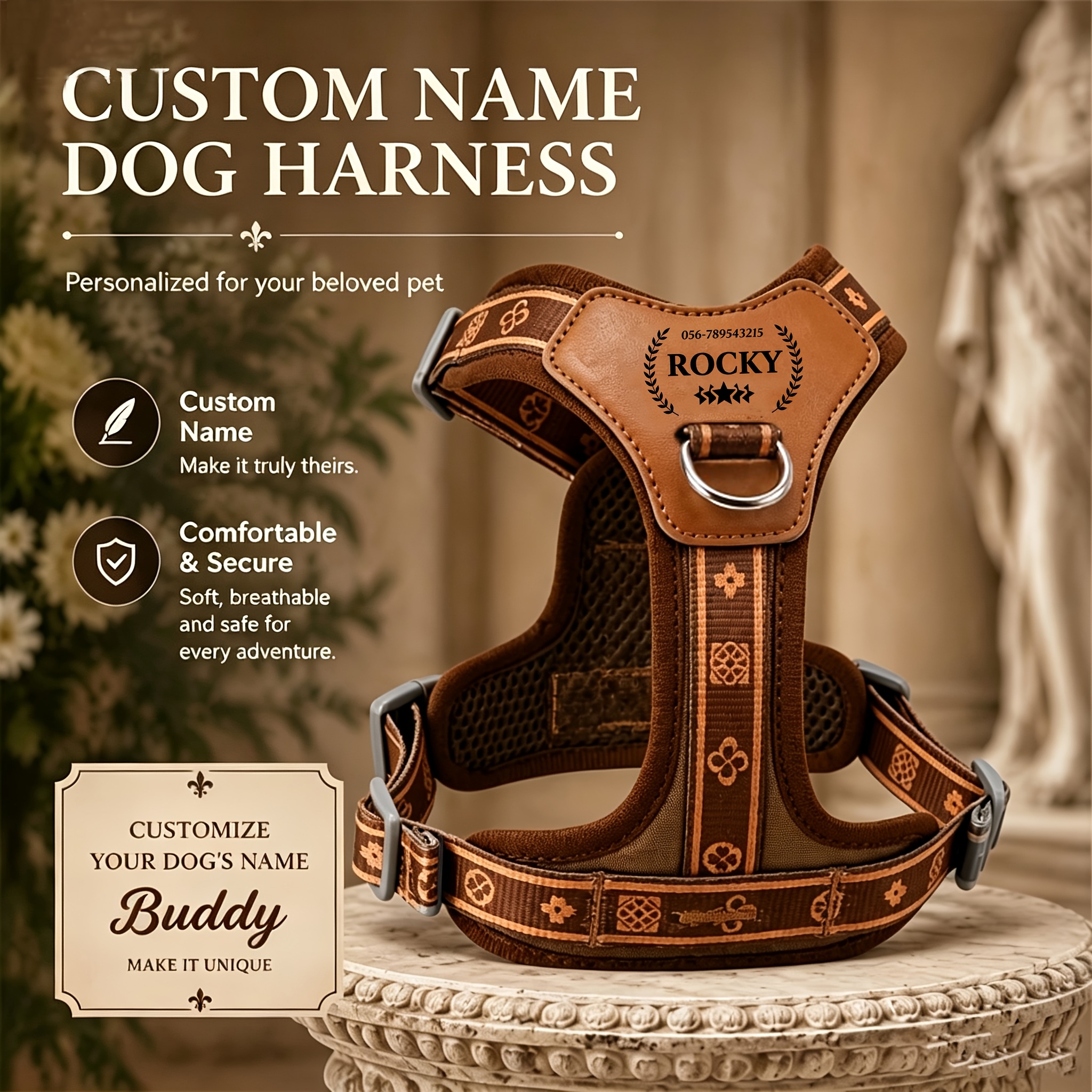 TEMU Customizable Dog Harness With Name, Vest, Dog Chest Harness, Engraved Name Tag, Vintage Style Dog Vest, Breathable And Adjustable For Small To