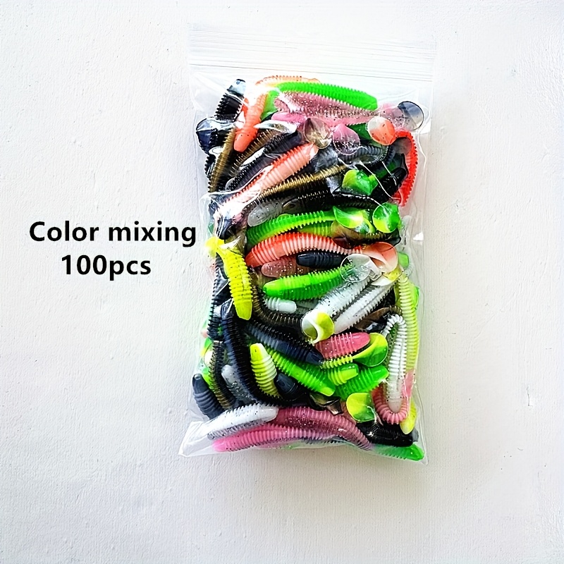 E-shop 100 Stück Weichköder in verschiedenen Farben, 6 cm/2,36 Zoll, - Doppelfarbiger Gewinde-T-Tail Köder, TD Tail Weichköder Wurm, Realistischer