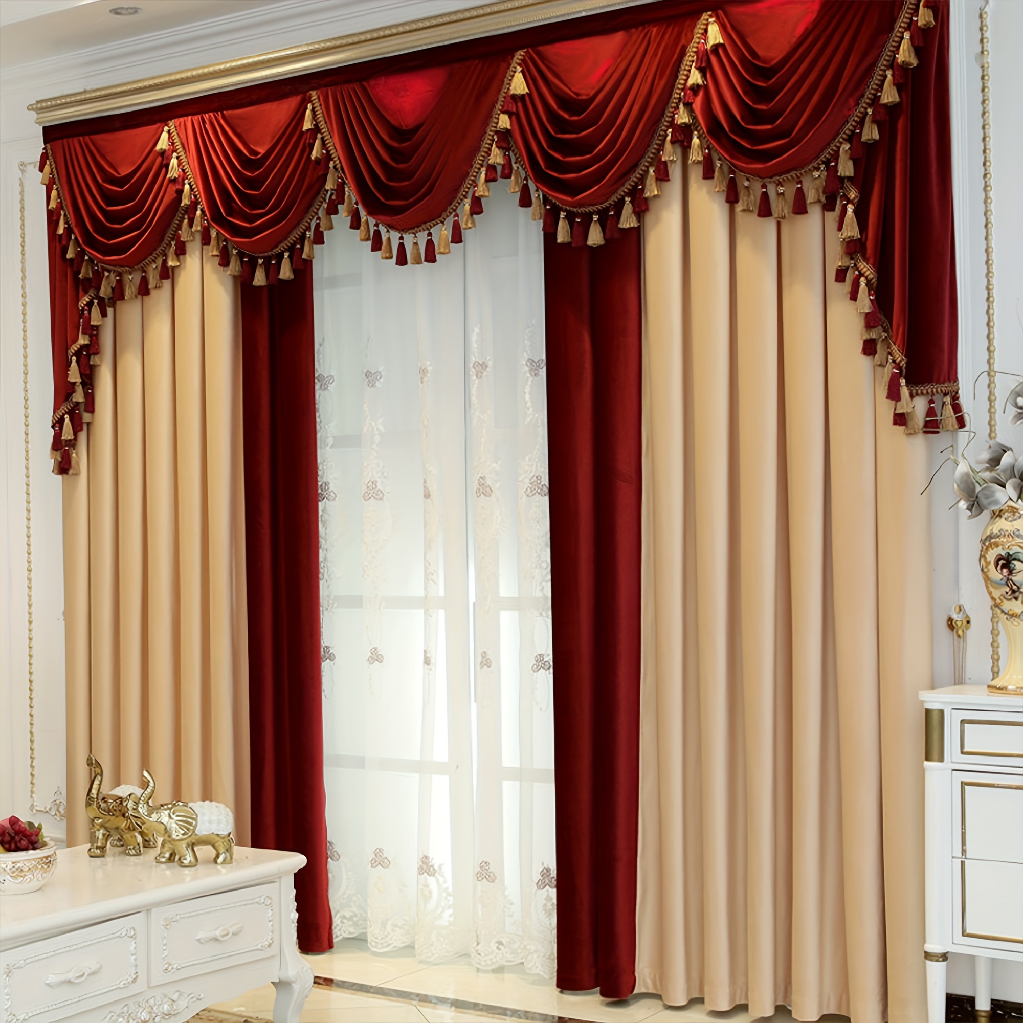 

2pcs Thick Velvet Red Beige Color Blocking Blackout Curtains For Bedroom And Living Room, Wedding Room Home Decor