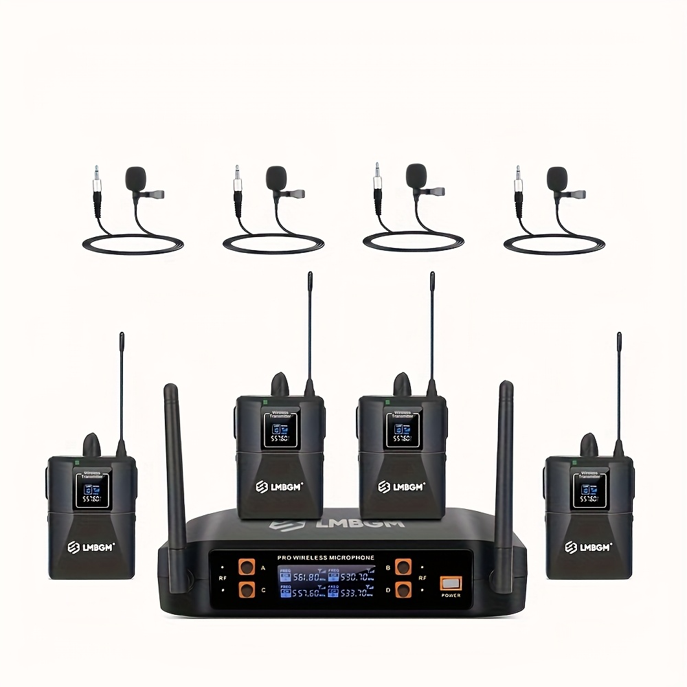 Image of Lmbgm D4 Wireless Microphone System Pro 4 Lavalier Bodypacks 4 Lapel Mic 4 Headsets For Church Conference Wedding Party