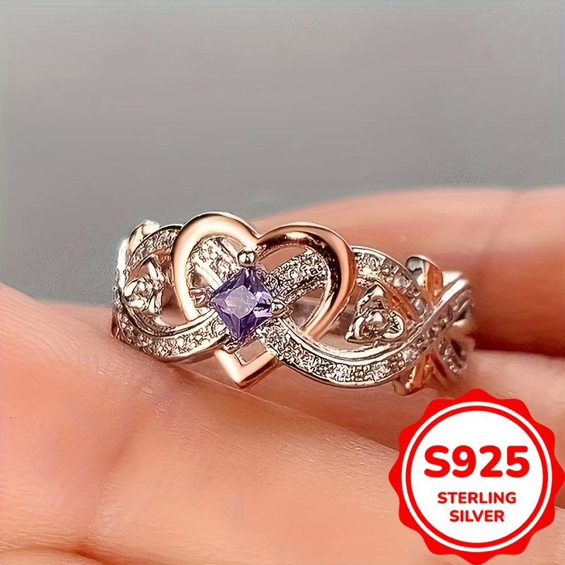 925 Sterling Silver Infinity Heart Ring with Purple Zirconia