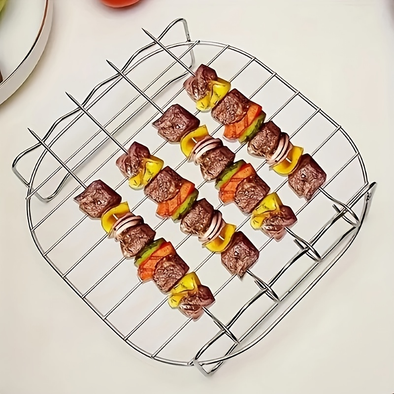 Temu – TEMU Stainless Steel Air Fryer Rack Accessory, Round Skewer Rack With 4 Skewers, Compatible With Most Air Fryers, Multi-functional Grill With Skewers