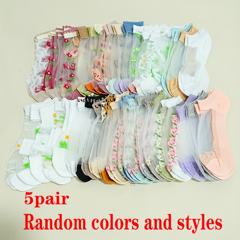 E-shop 20 Farbstile, 5 Paar zufällig ausgewählte bedruckte atmungsaktive Damen-Knöchelsocken – Bequeme Knöchelsocken für Frühling, Sommer Herbst,