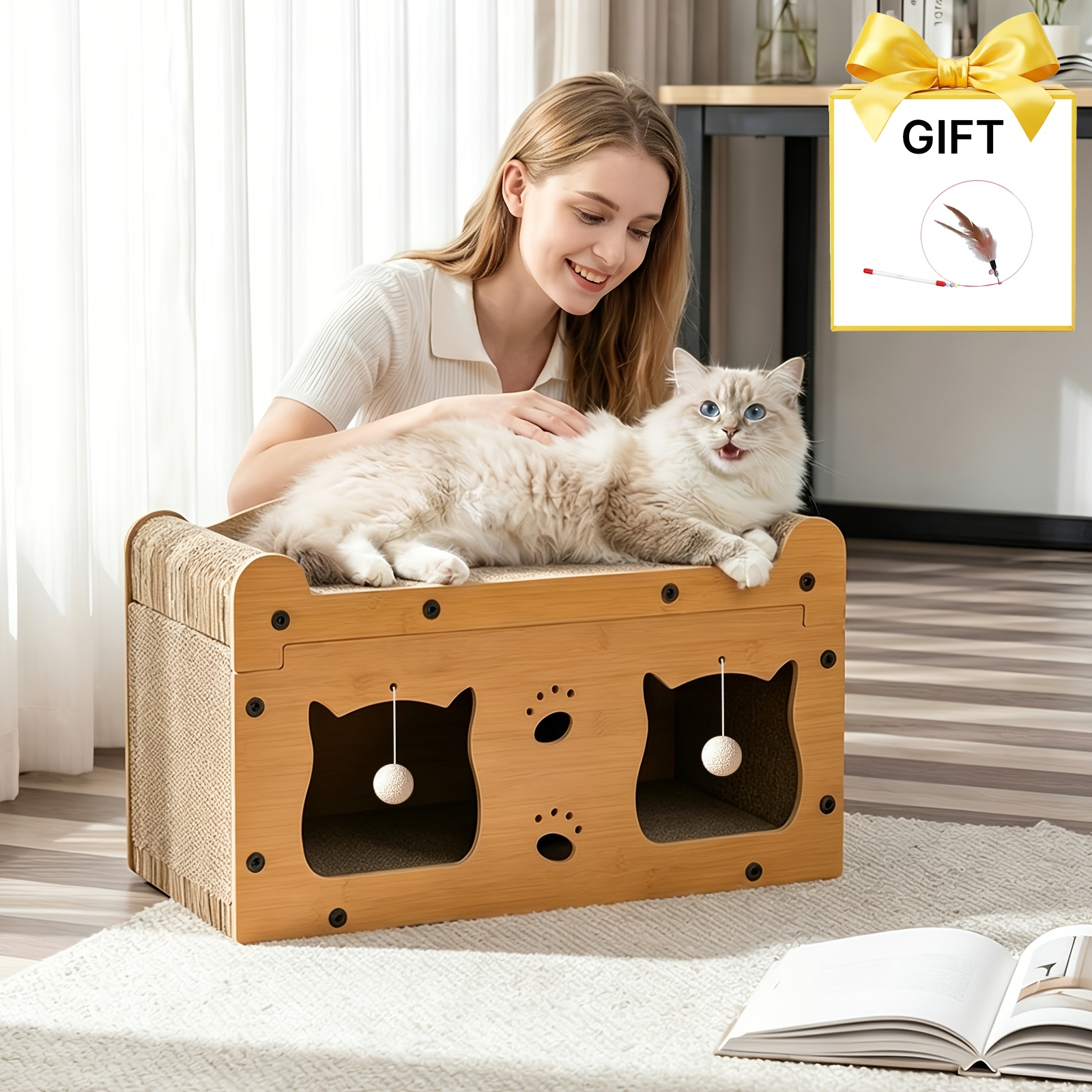 TEMU 1pc Large Cat House With Scrapers And Plush Balls, For Cat Toys And Ventilation - Multi-functional Indoor/outdoor Cat Shelter, Designed For Cat