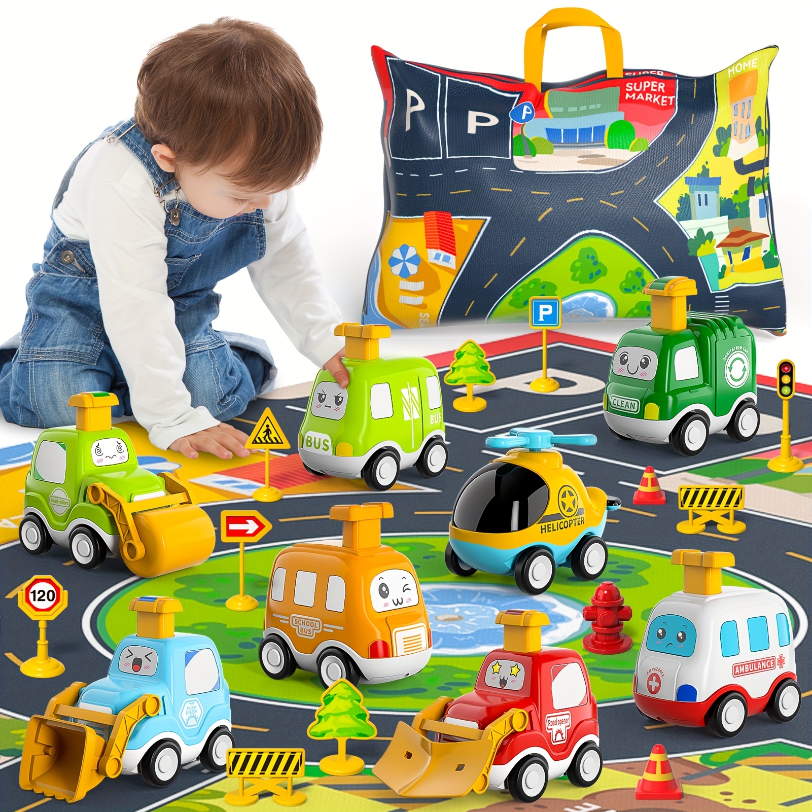 

Toy Cars, 8 Pieces For Boys With Playmat Storage Bag Set Halloween, Christmas Gift