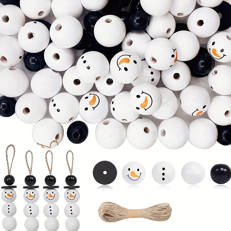 

150pcs Wooden Snowman Beads With Jute Rope For Christmas Holiday Decorations, Diy Handmade Crafts, Party Home Decor, No Power Supply Needed