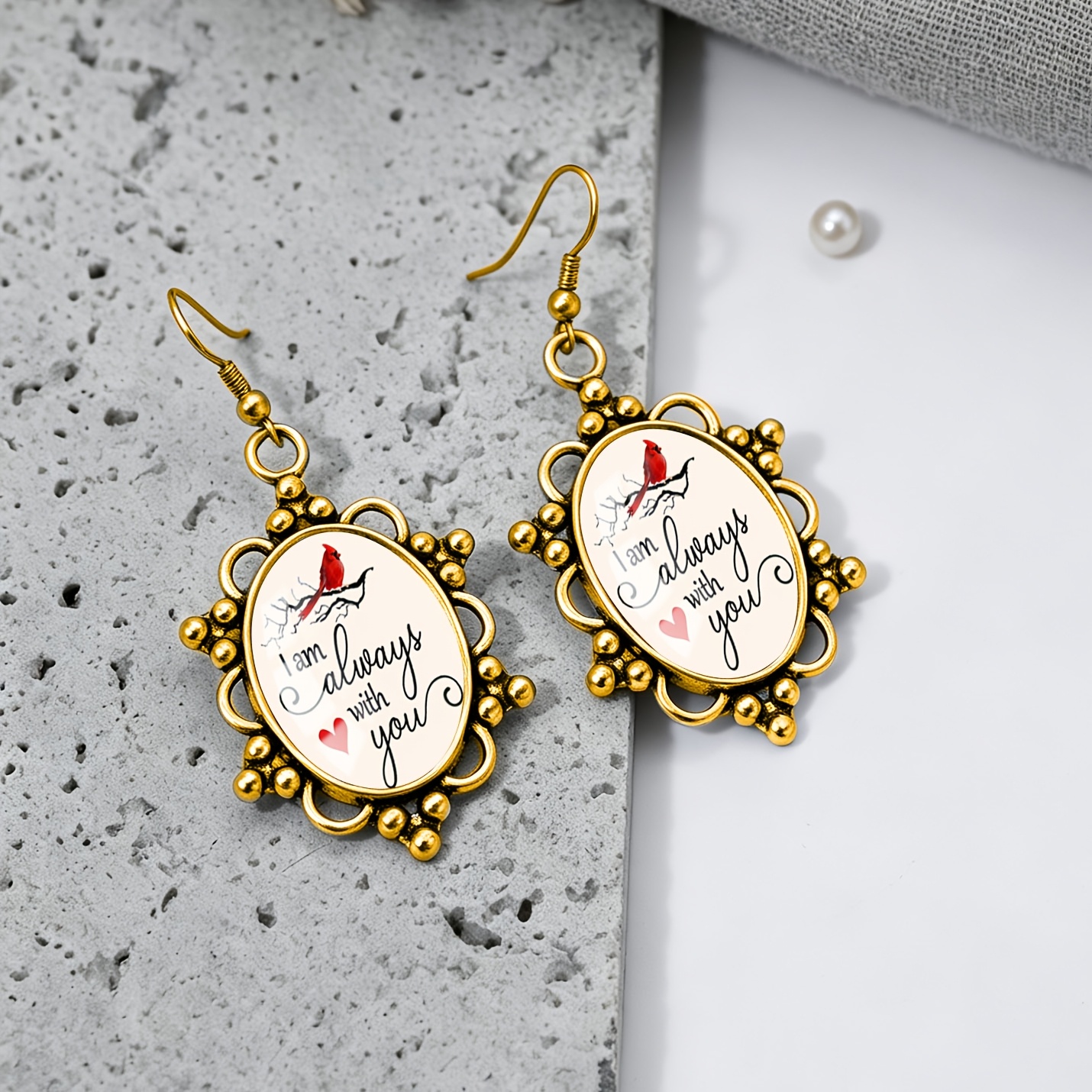 Red Bird Greeting Pattern Oval Earrings, Unisex Gift