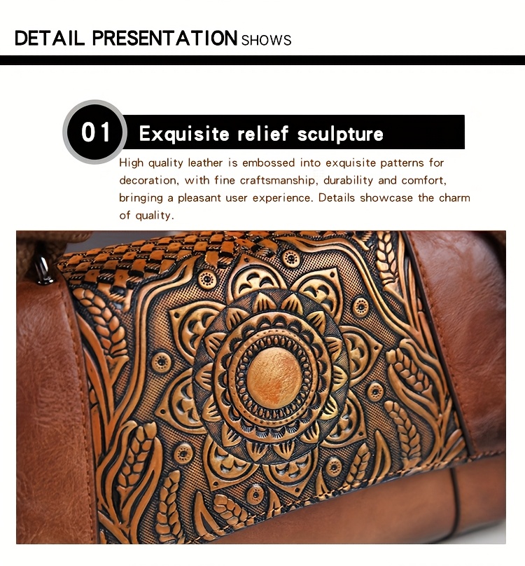 Red Vintage Sunflower Carved Bag detail showing carving texture