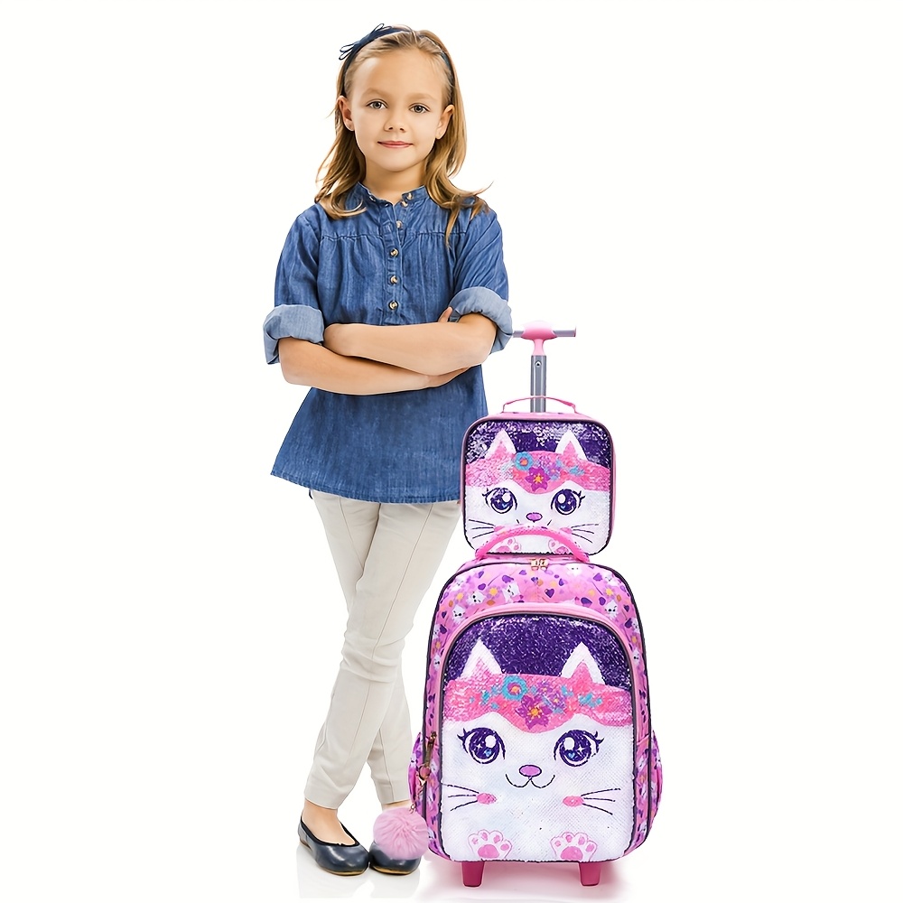 

A Pink Rolling Backpack For Girls Featuring A Cute Cartoon Kitty With A Sequin Design, Suitable For Elementary Students. This 17-inch Wheeled School Bag With A Lunch Box And A Pencil Case.