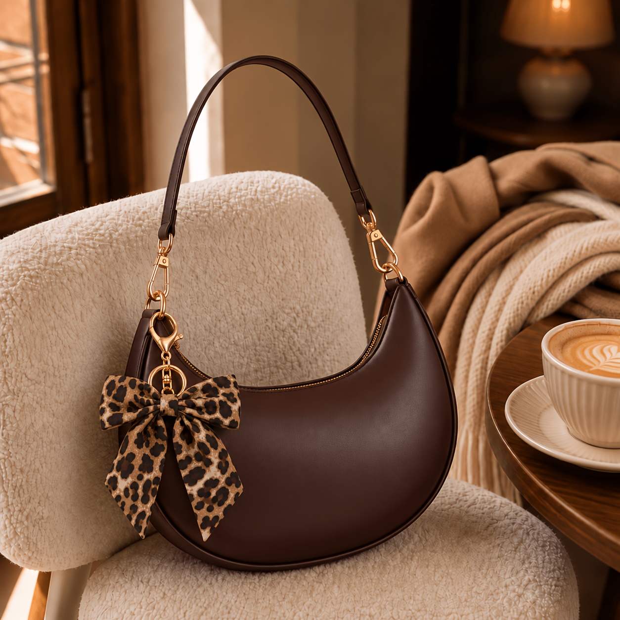 TEMU Women's Fall Brown Crescent Shoulder Bag With Leopard Print Bow Keychain Charm, Autumn Handbag, Cozy Brown Purse With Zip Closure, Short Strap