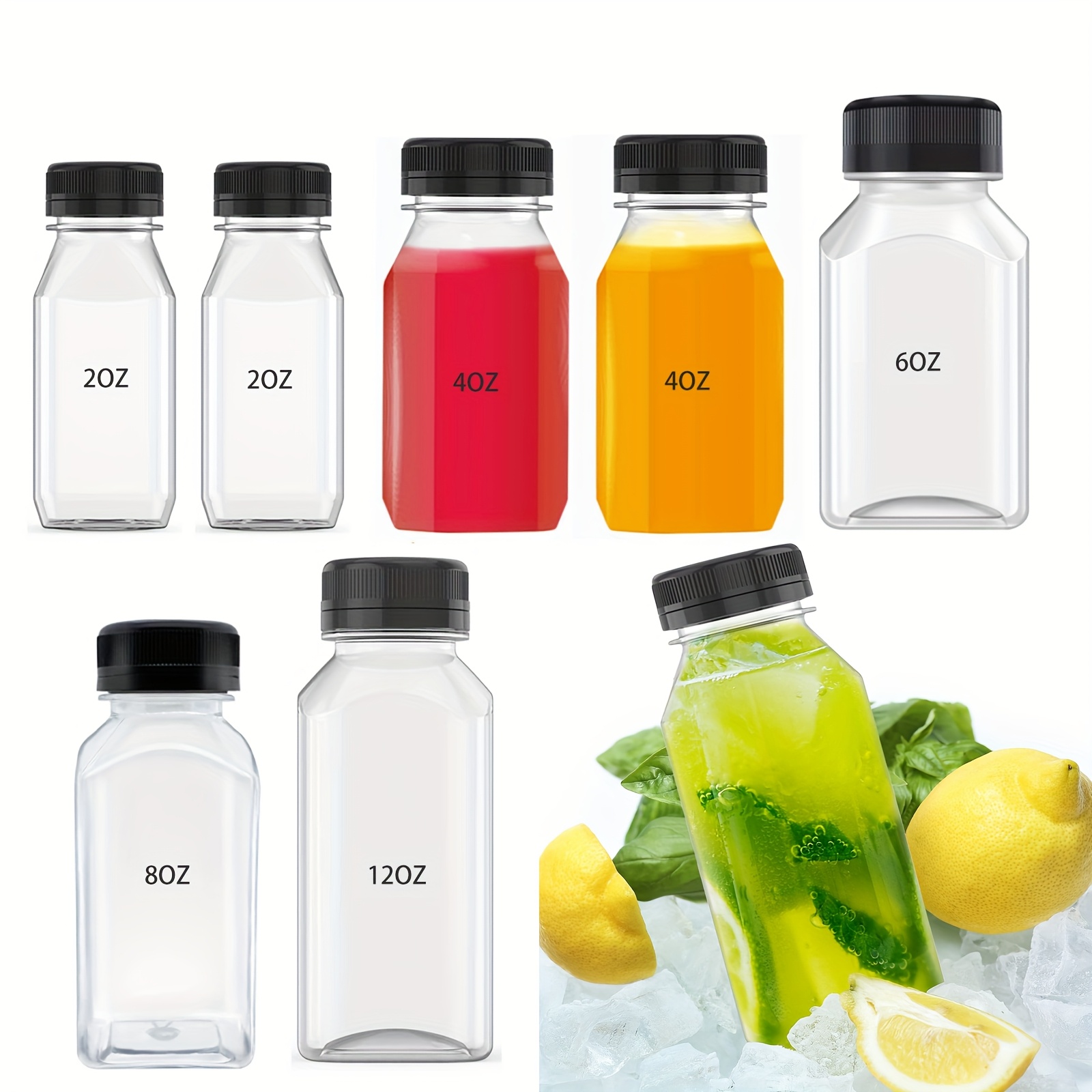 6 Plastic Juice Bottles | Reusable Transparent PET Containers for Beverages with Black Flip Top Lids for Juice, Smoothies, Tea, Milk, Water and More | Square Shape, Refrigerator Storage Compatible