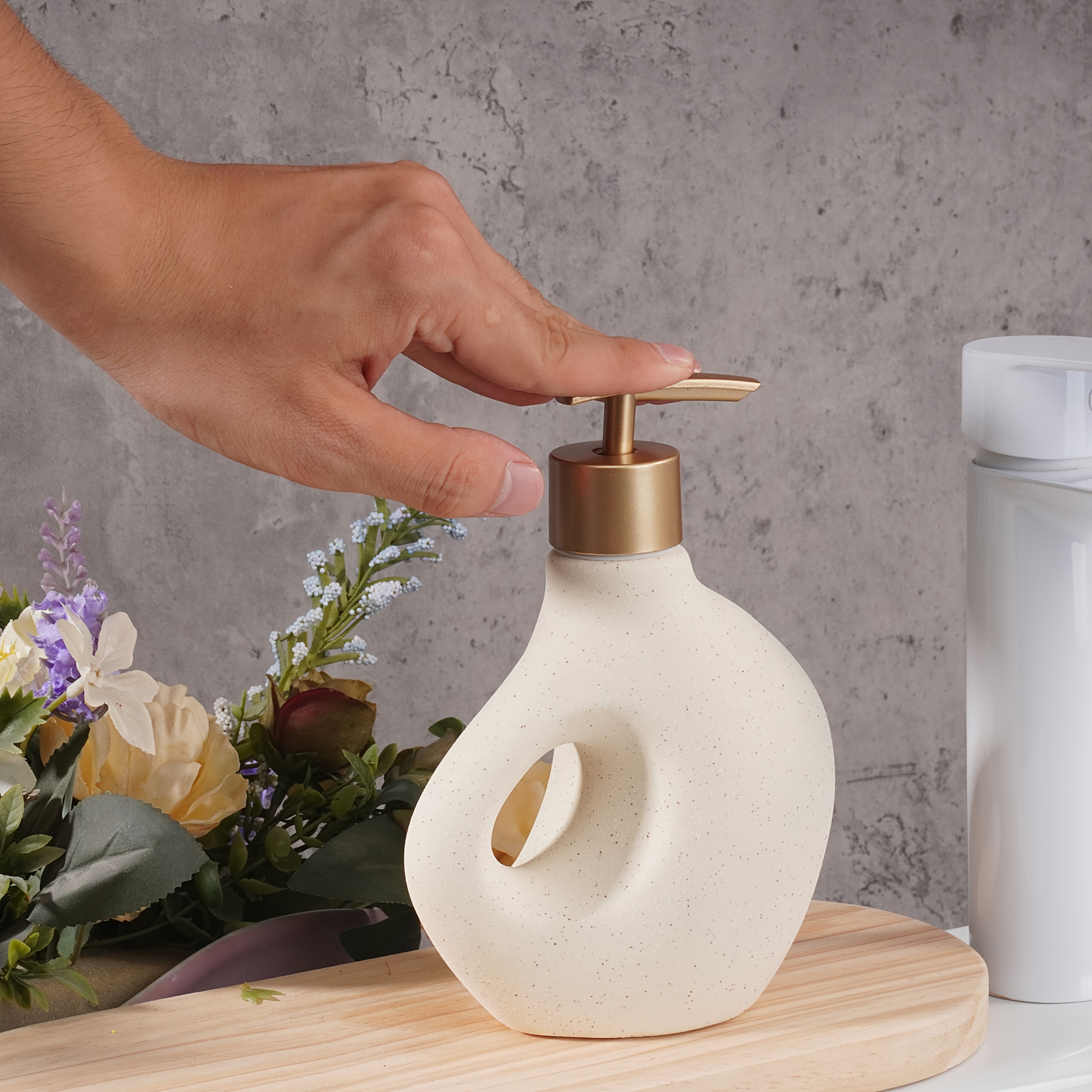 Sculptural Wabi-Sabi Style Soap Dispenser in Matte Beige Ceramic - A Textured Pump Bottle with a Golden Pump for Your Bathroom Or Kitchen