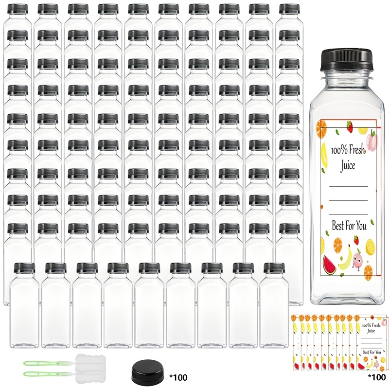 Image of 100pcs Juice Bottles, 350ml Plastic Bottles With Caps, Reusable Juice Bottle With Caps Clear Bulk Beverage Containers With Lids, Label, Funnel And Brush For Juicing, Milk, Smoothie And Beverages