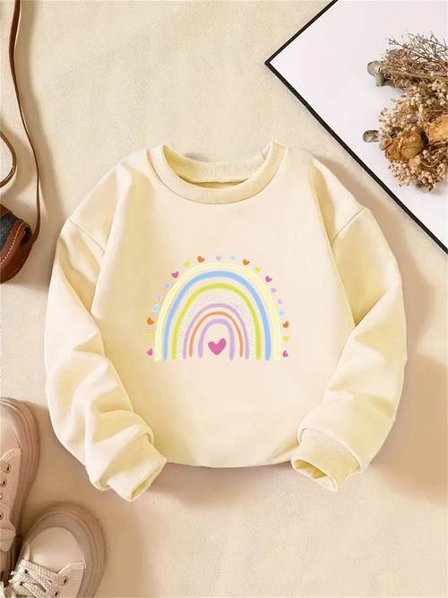 girls casual sweatshirt with cute ow heart pattern print round neck fashionable and comfortable pullover for spring and autumn girls clothing gift