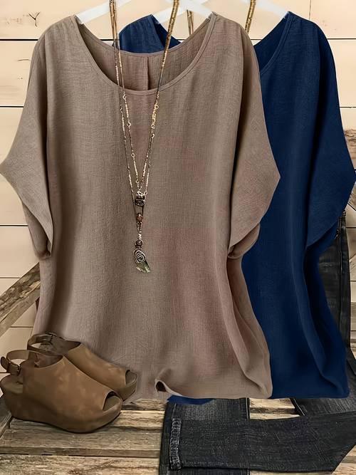 2 peças, camiseta feminina casual de em cor com redonda e , sem acessórios inclusos