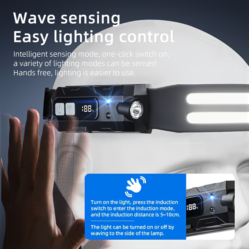 Ultra-Bright LED+COB Headlamp with Wave Sensor for Switch - Rechargeable, Adjustable Beam, Matte Finish for Outdoor Adventures, Rechargeable Headlamp details 8