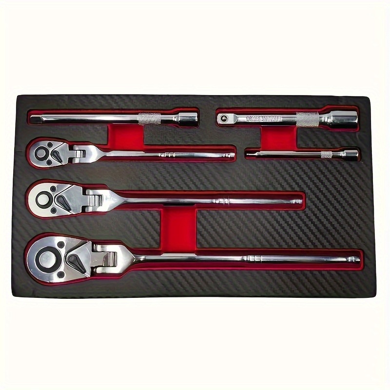 TEMU 6pcs Ratchet Set, 72-tooth Swivel Wrench, 1/4", 3/8", 1/2" Drive, Chrome Vanadium Steel, With Extension Bars, Eva Foam, Without Battery