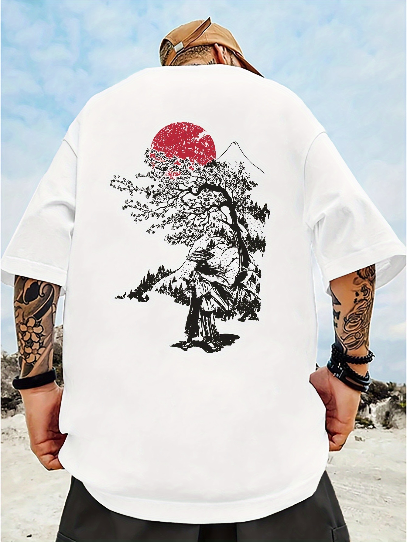 Men's Casual Short Sleeve T-Shirt with Japanese-Inspired Cherry Blossom & Mountain Print - Breathable Regular Fit Round Neck Tee for Summer Outdoor Activities, Machine Washable, PLUS SIZE