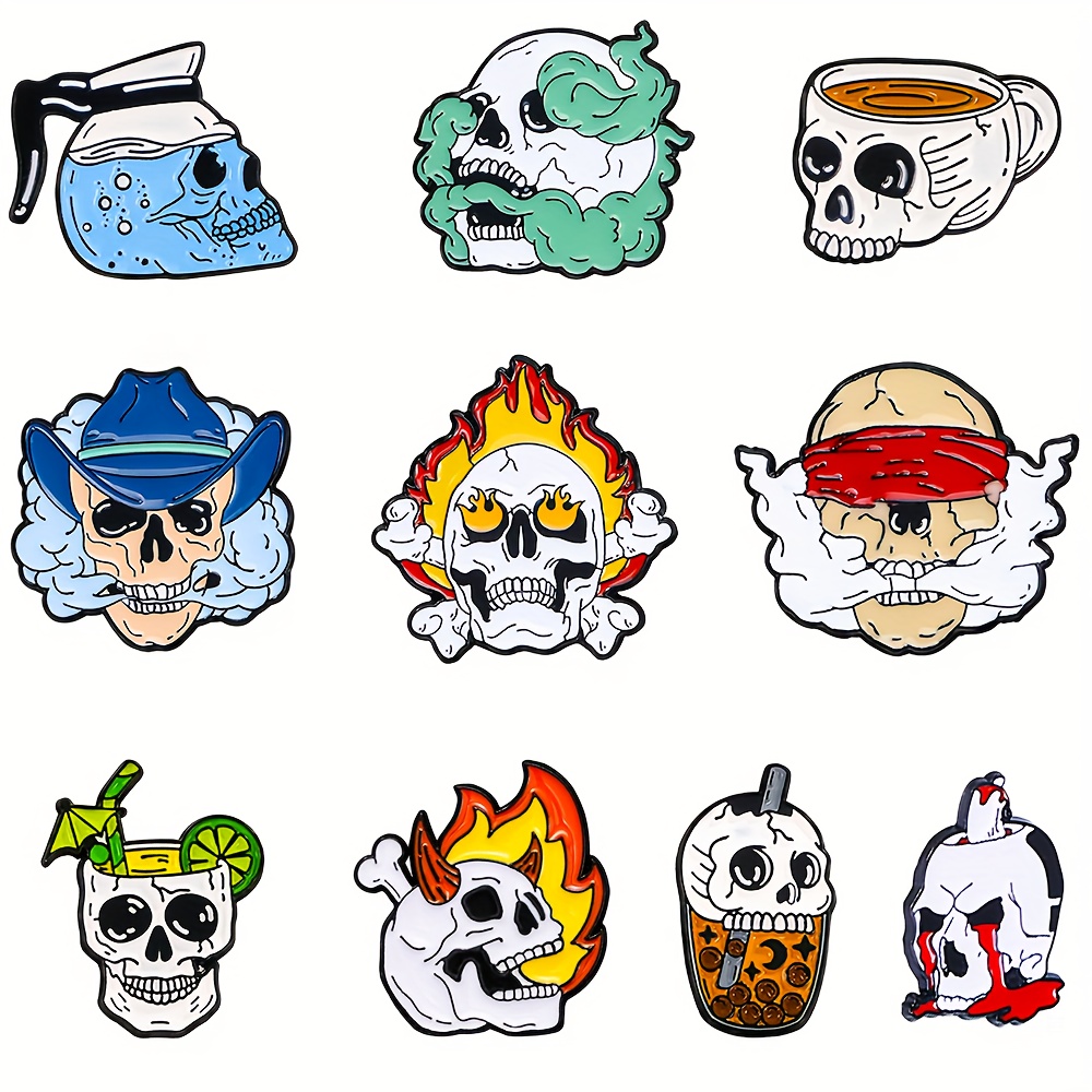 TEMU 10pcs Skull - Themed Enamel Pin Set - Creative Skull Designs With Hats, Flames, Drinks & Smoke - Spitting Flame Skull, Lapel Brooches For Bags &