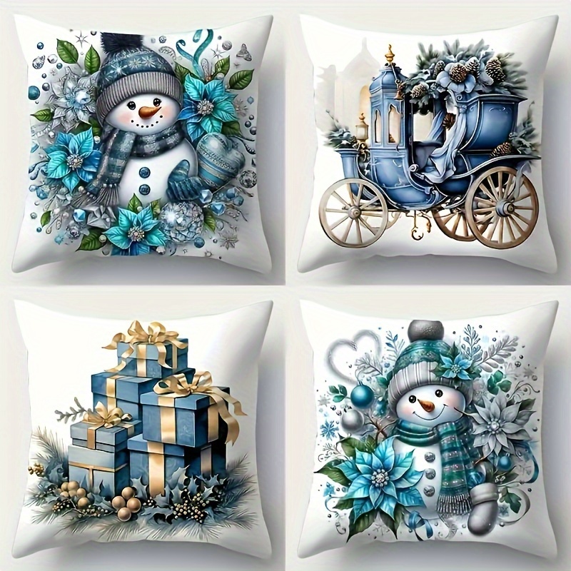 

4pcs Christmas Throw Pillow Covers Set - Blue Snowman, Carriage & Gift Designs With Zipper Closure - Machine Washable Polyester Decor For Home, Bedroom, Sofa, Office - No Insert Included