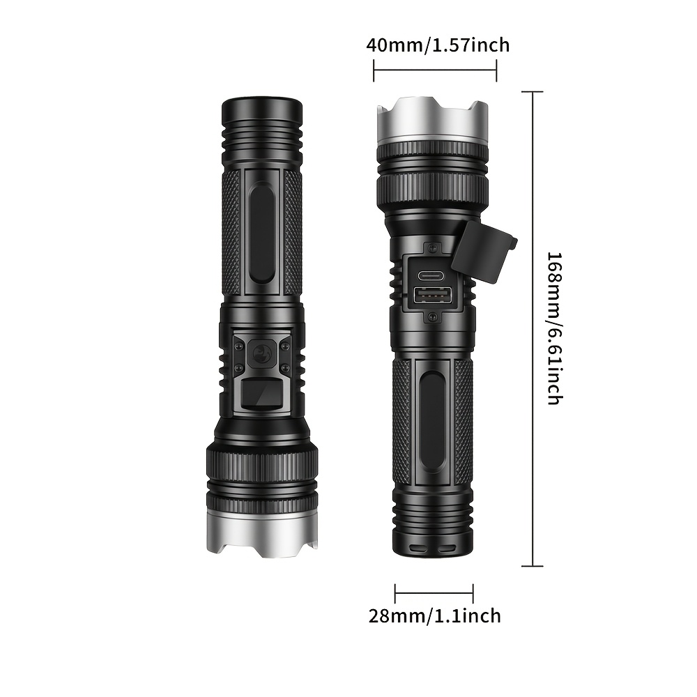TEMU Rechargeable Led Multifunctional Powerful Flashlight, Portable Tactical Zoom Aluminum Alloy Flashlight With Lcd Power Display, Usb Type-c