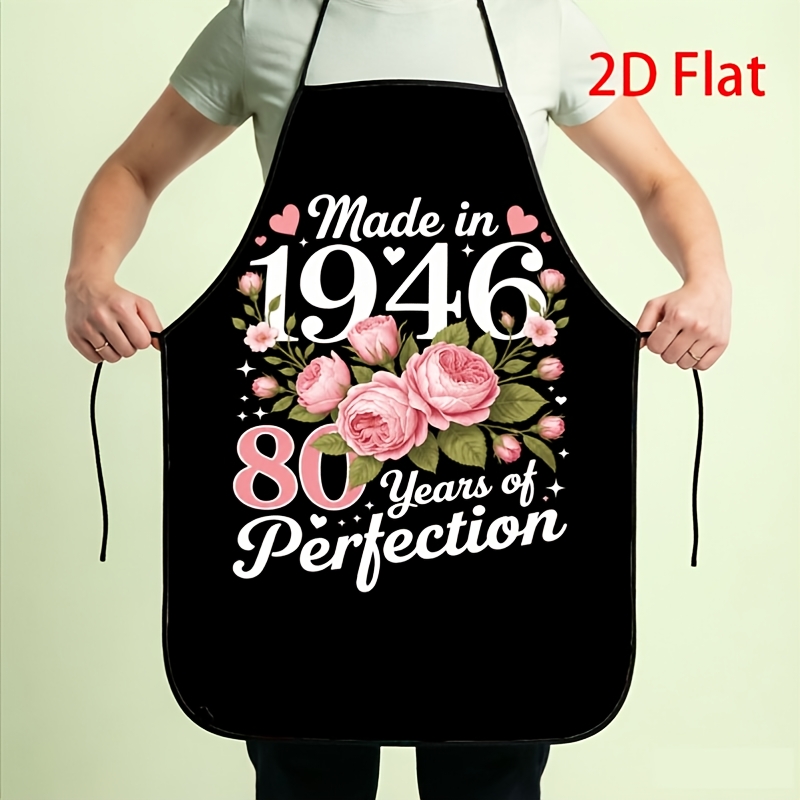 TEMU 1pc 2d Flat Printed 80th Birthday Apron For Bbq Floral & Style Includes 80th Theme Gift For Parents Durable Cooking Apron 80th Birthday