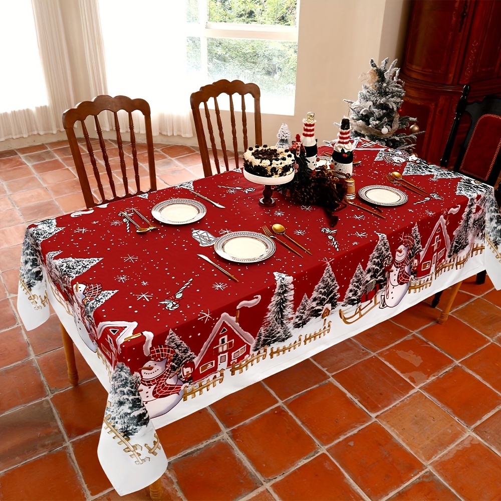 

1pc Handcrafted Polyester Christmas Tablecloth - 60 X 84 Inches Rectangular Washable Table Cover With Snowman, House, And Design For Holiday Party, Picnic, And Dinner Decorations