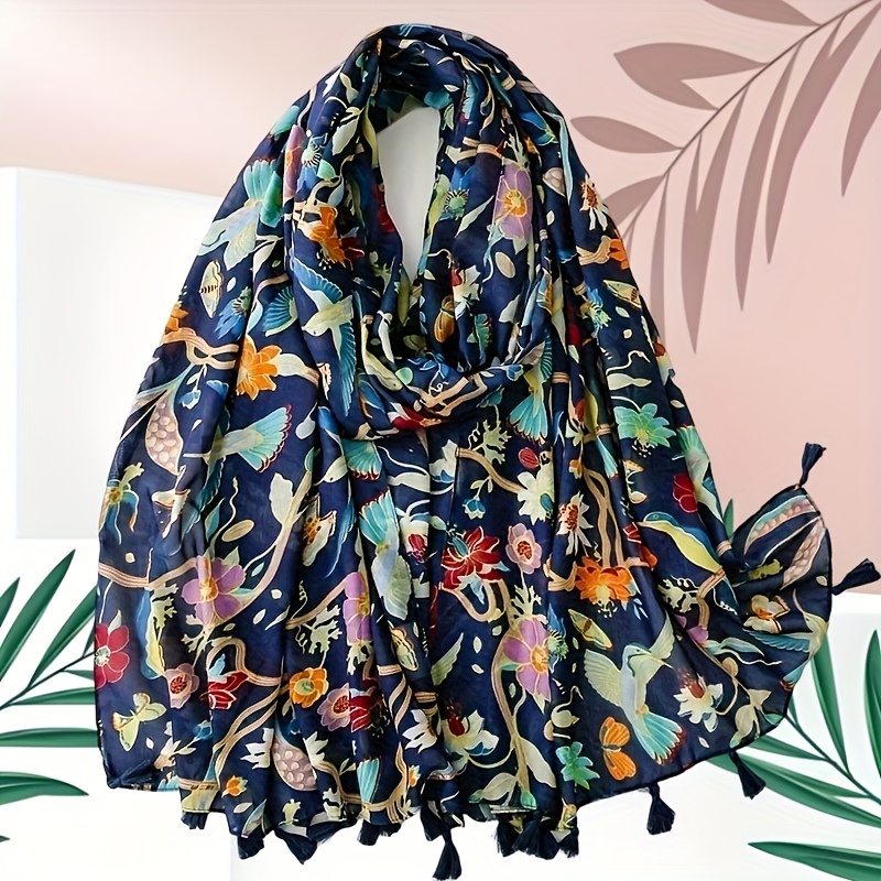 In Style! Bohemian Multicolored Bird And Floral Bali Chiffon Fringe Shawl, The Mood-enhancing Accessory