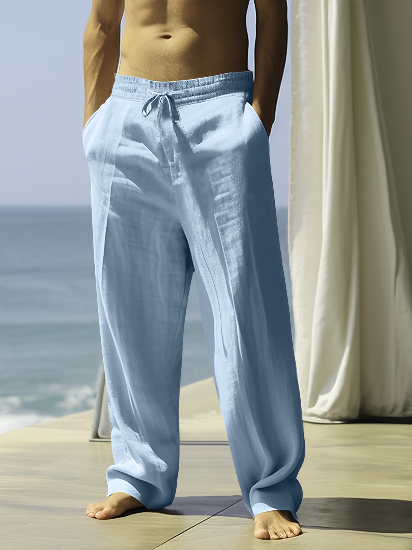 Men's Linen Pants - Non-Stretch Formal Pants, Elastic Drawstring Waist, Loose Fit Trousers for Beach, Office, Parties - Machine Washable Casual Formal Attire for s &