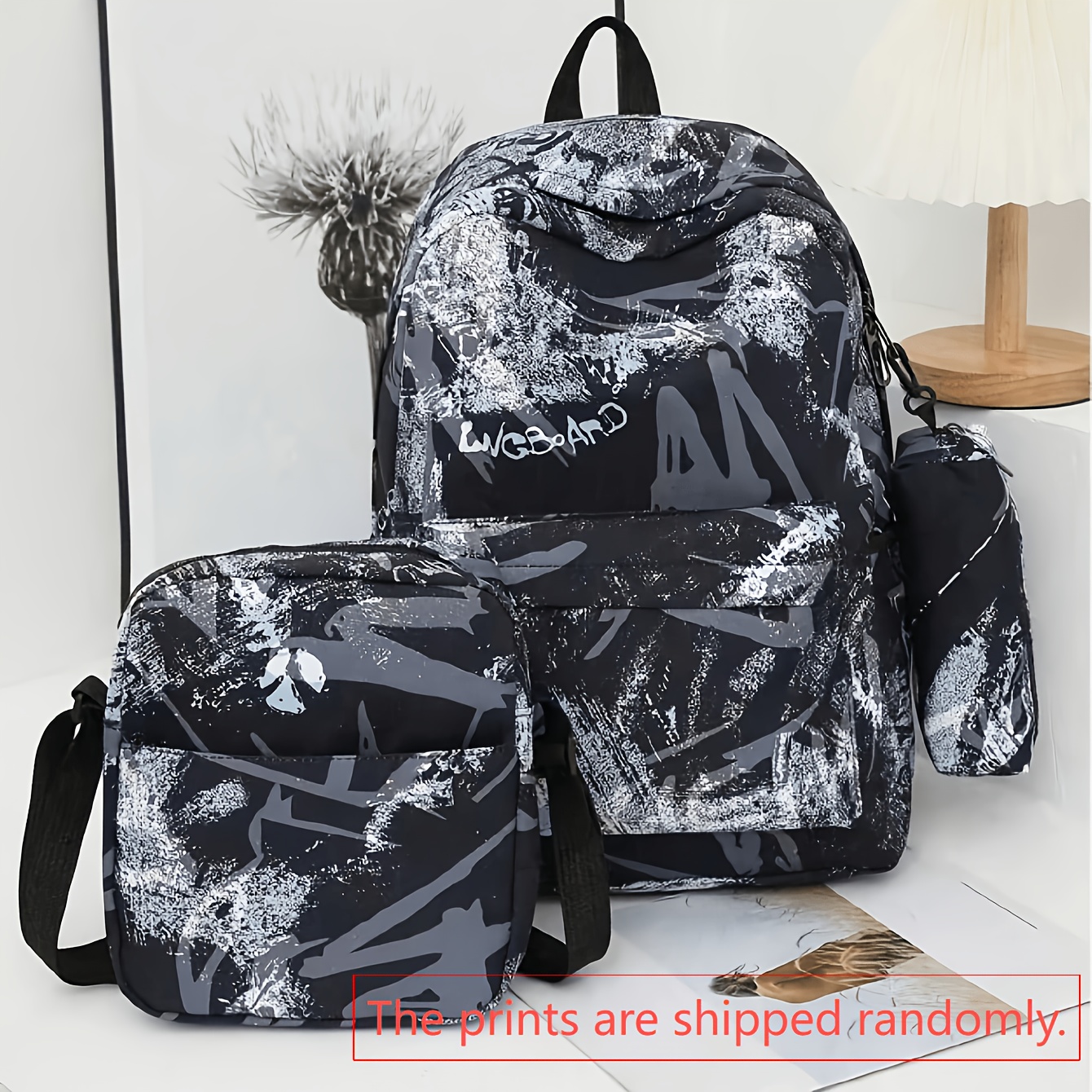 TEMU Conjunto de mochila con estampado de graffiti de 3 piezas, bolso escolar casual de gran capacidad con bandolera y estuche para lápices, mochila