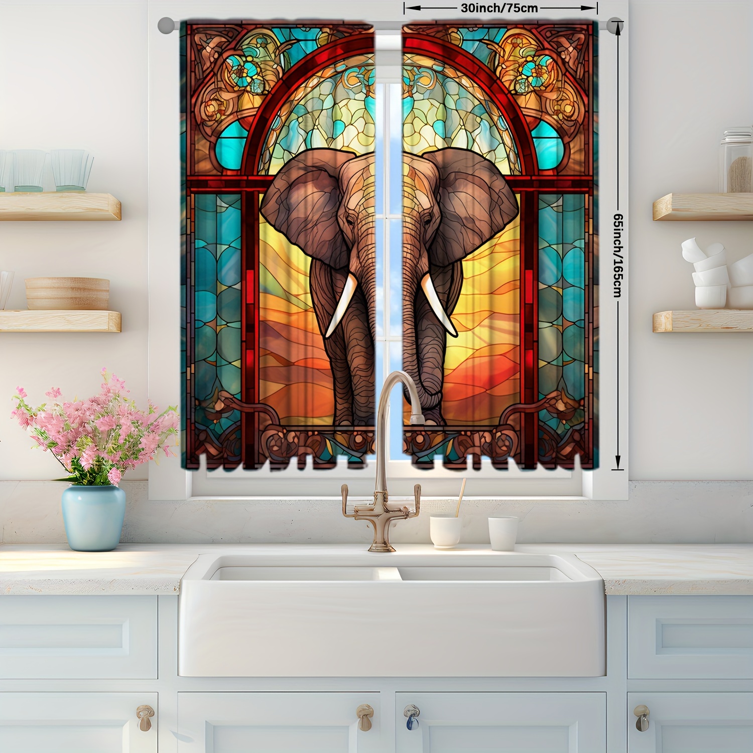 TEMU 2 Panels Window Curtains Glass 3d Elephant Decoration Bohemian Curtains For Collage Living Room, Bedroom, Kitchen, Bathroom, Home Decor, Room