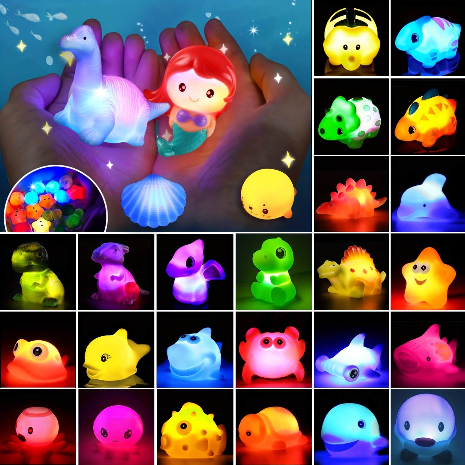 20/16/12/8/6/4/2pcs Glitter Colorful Light-Up Floating Dinosaur Ocean Animals Bath Toys Set, Great Bathtub Shower Pool Bath Toy for Baby Nephew Preschool Toddlers Children In Birthday Holiday Easter