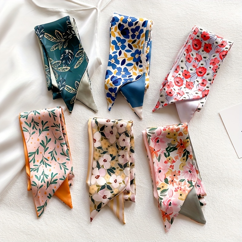 

Elegant Floral Narrow Long Scarf Set Of 6, Polyester Stylish Ribbon Hair Bands, Fashionable Women's Travel Headbands, No Feather, Multipurpose Accessory For Bag Decoration And Hair Styling