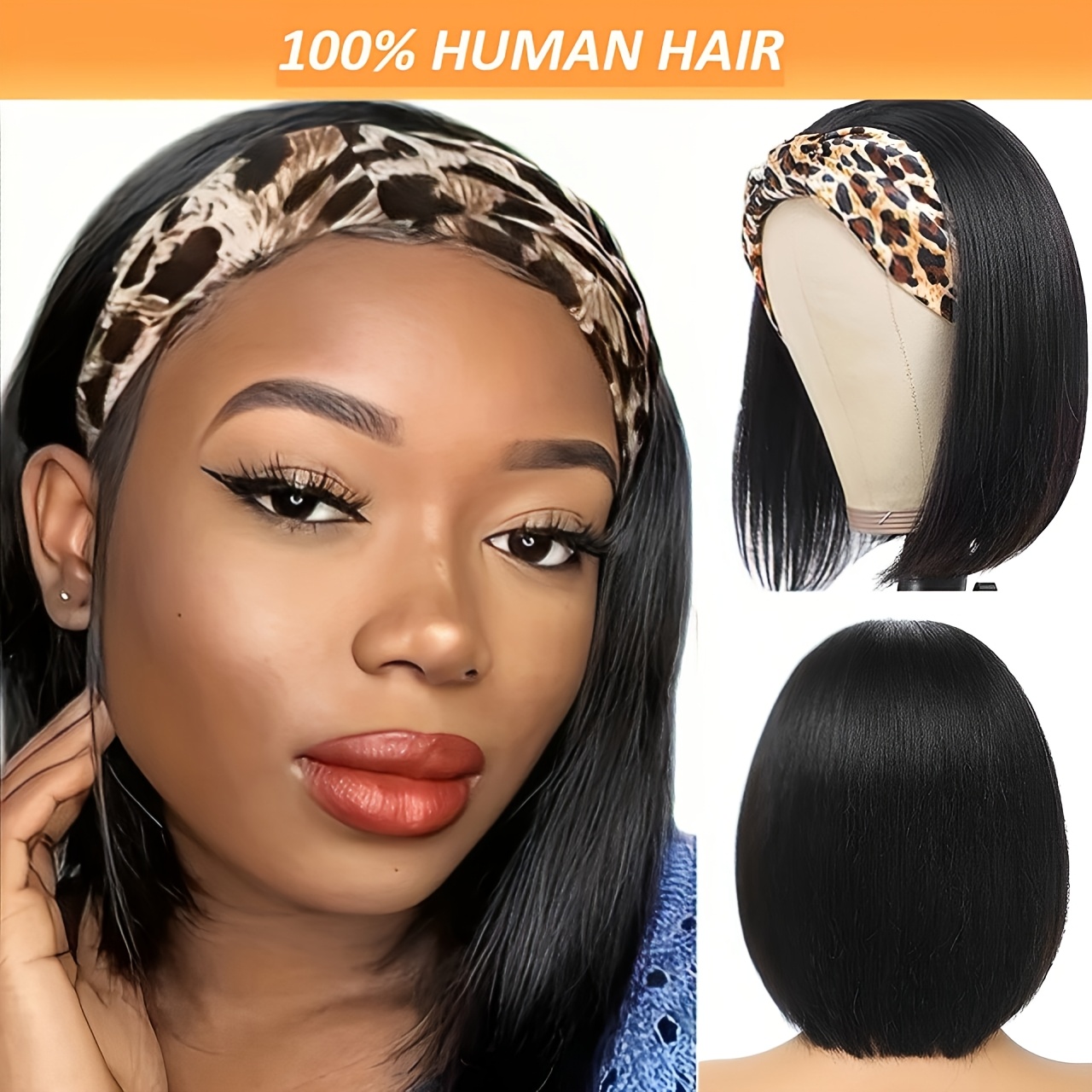 

Elegant Short Straight Bob Wig With Headband - 150% Density Brazilian Remy Human Hair, Full Machine Women