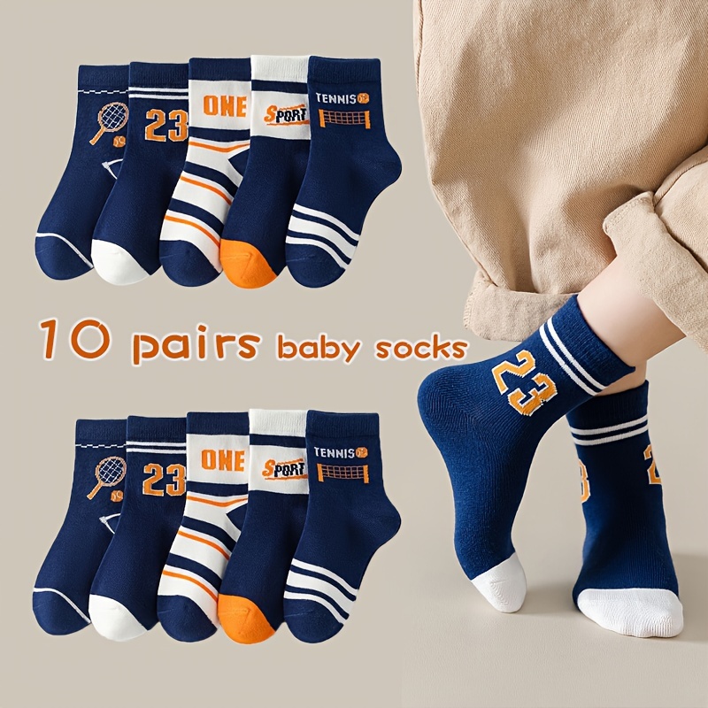 TEMU 10 Pairs Of Toddler's Trendy Crew Sport Socks, Soft Comfy Cotton Blend Children's Socks For Boys Girls All Seasons Wearing