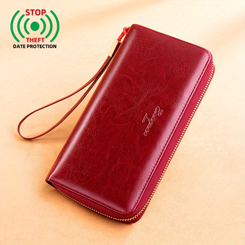 

Banyanu Vintage Long Wallet, Split Leather Large Capacity Card Holder With Zipper Closure, Burgundy Color, Fabric Lining, Credit Card Compartment, Accessory