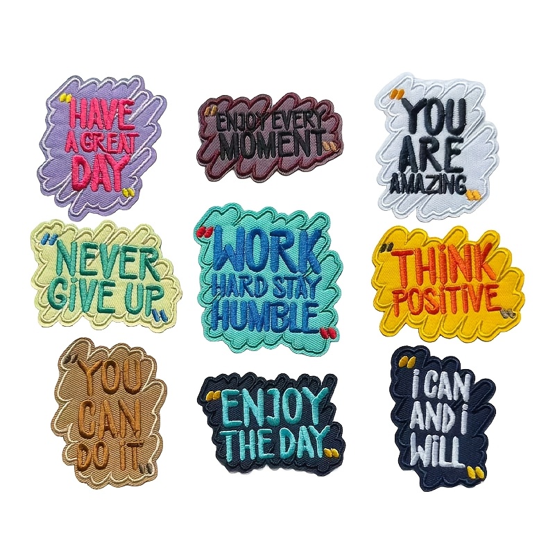 TEMU 9pcs Set Of Inspirational Slogan Embroidered Badges, Bright Motivational Text Iron Hot Stamping Stickers Suitable For Backpacks, Cute Letter