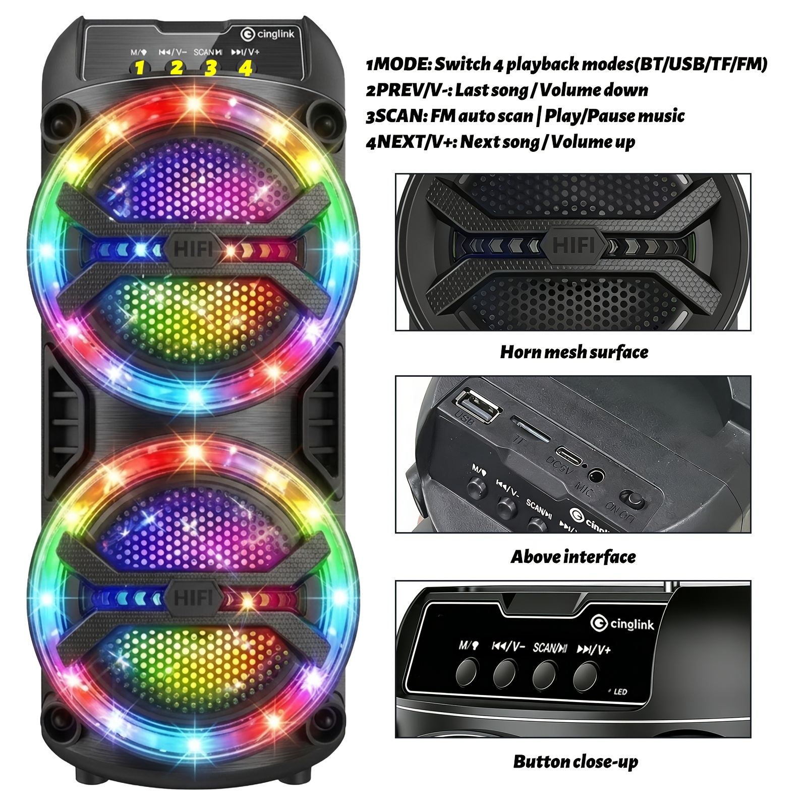 TEMU Bluetooth Speaker Portable Wireless Speaker Dual Subwoofers For , Supports Bt/tws/fm/usb/aux/tf Card & Microphone Input. Perfect Loud Stereo