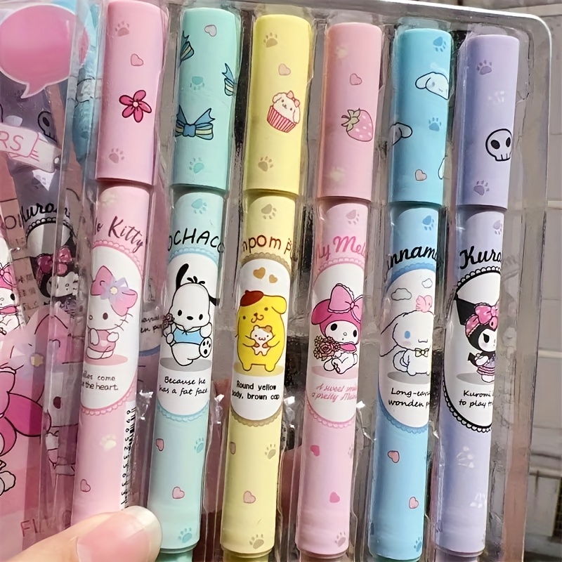 Image of Brand Fluorescent Pen Set For Students - 6pcs, Multicolor Highlighters, Featuring Hello Kitty , , Multifunctional Markers, Suitable 14 And Up, For Note-taking And Highlighting