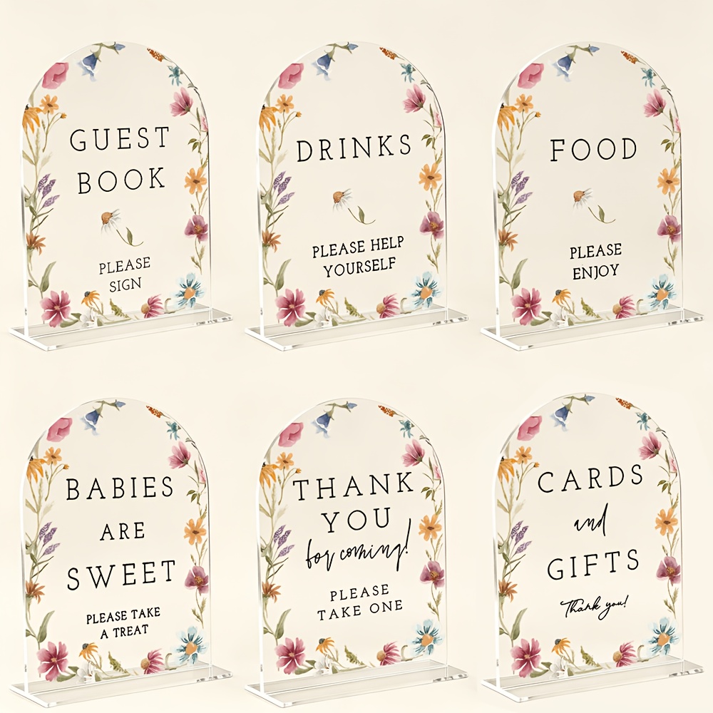 TEMU Plat 2D, 2D, Lot de 6 pièces, Style Bohème, Panneau de Remerciement Acrylique Fleur de Fleur Sauvage en Épanouissement, Centre de Table avec