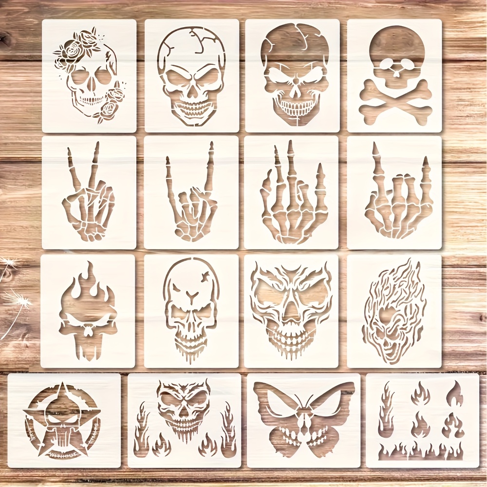 TEMU [16pcs Reusable Stencil Set] 16pcs/set Reusable Pet And Flame Themed Stencil Set | Multi-functional Hollow-out Design, Suitable For Diy Crafts,