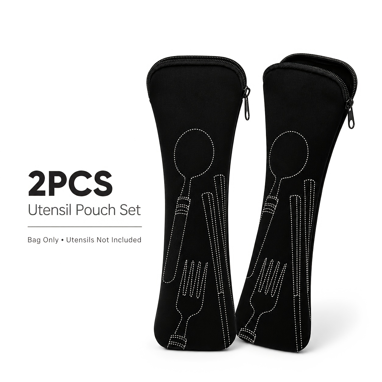 TEMU 2pcs Black Portable Cutlery Storage Pouch For Students, Work, Travel, And Picnics - Zippered Utensil Bag (cutlery Not Included, Does Not Come