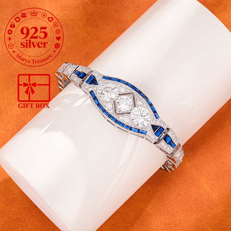 Image of 925 Silver Men's Blue Strap Bracelet With Synthetic Cubic Synthetic Synthetic Zircon​​​​, Total Weight Of The Product (25.86g), , High-quality Synthetic Synthetic Zircon​​​​, Unisex For Men And Women