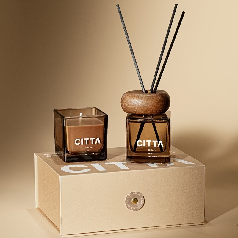 TEMU Flameless Reed Diffuser+scented Candle Gift Set Box, Natural Aromatic Essential Oil Liquid And Soy Wax, Long-lasting Fragrance, Home, Birthday,