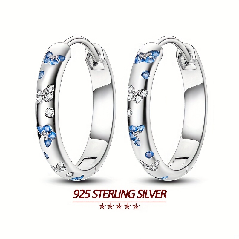 

S925 Sterling Silver Hoop Earrings For Women, Plated Hollow Butterfly Shape Blue White Zircon Decor Elegant Earrings Jewelry Gifts, 5g/0.18oz