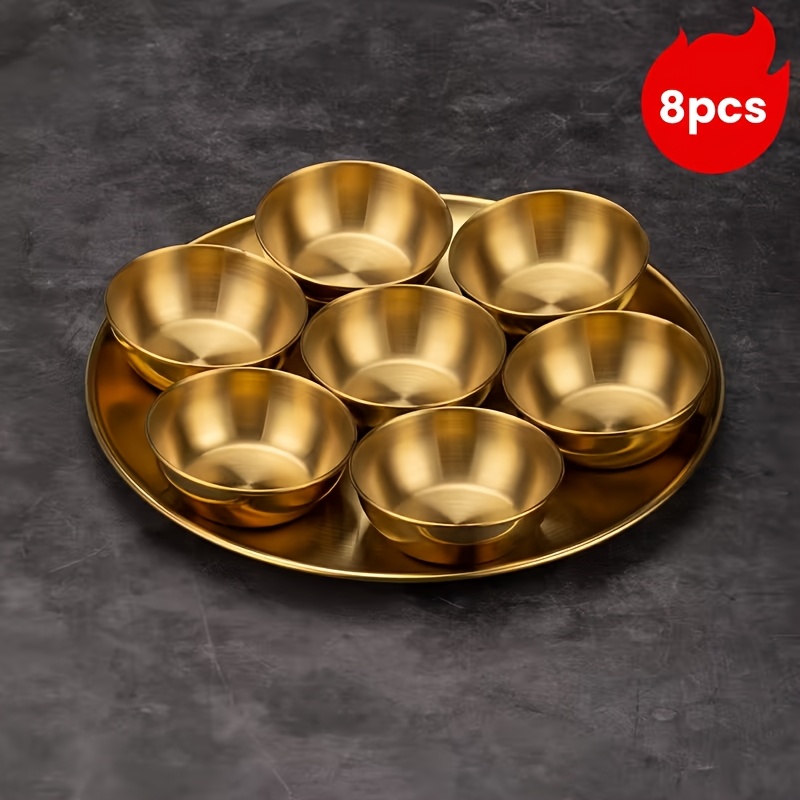 TEMU 8pcs Stainless Steel Sauce Bowl And Tray Serving Dishes -1pc 10in Plates &7pcs 3.3in Condiment Dishes, Elegant Modern Serving Trays Suitable For